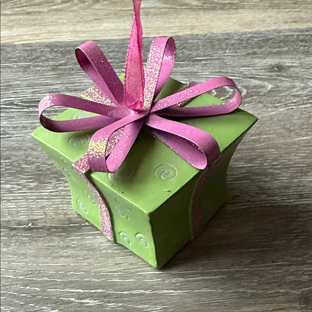 Green & Pink Sparkle Glitter Present Ornament with Pink Ribbon